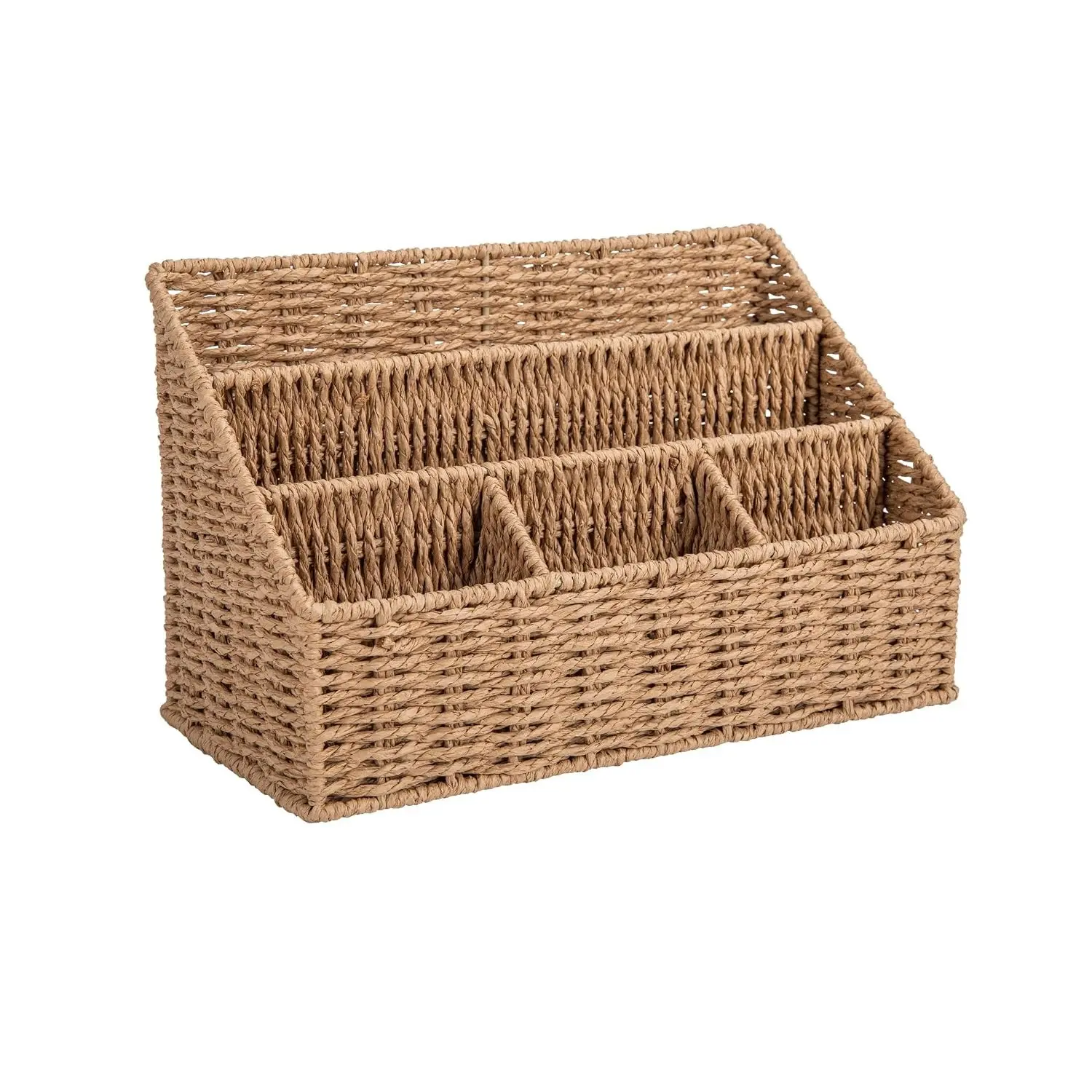 Rattan Desktop Organizer Rack, 5-Compartment Mail Holder, Bohemian Style Office Desk Accessory, Magazine Stand, Rattan Office Supplies