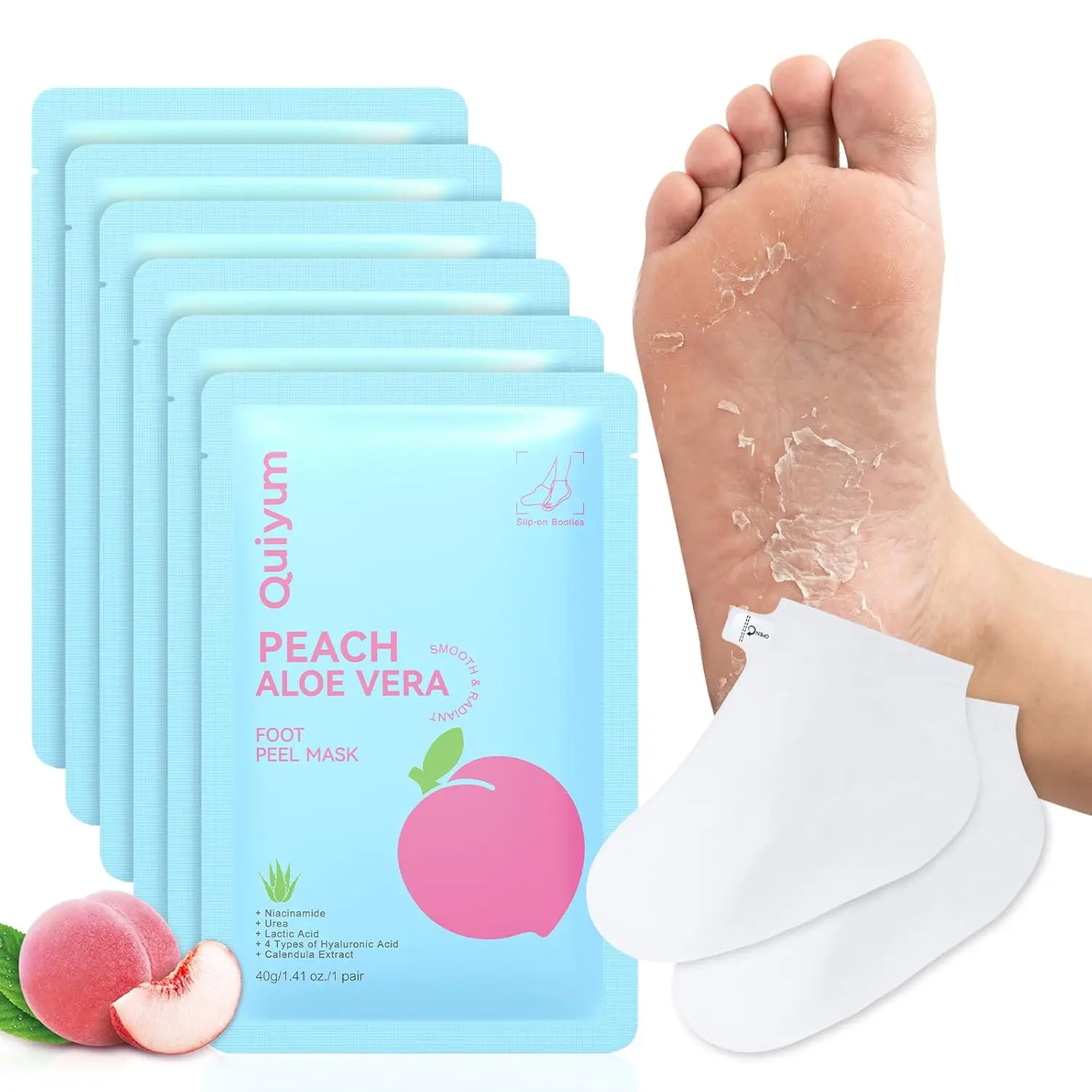 6-pack peach and aloe vera exfoliating foot mask, foot exfoliating mask |   Lactic acid, urea, niacinamide, hyaluronic acid, suitable for dry and cracked feet, making them smooth, shiny, and soft, Christmas gift: beauty and personal care