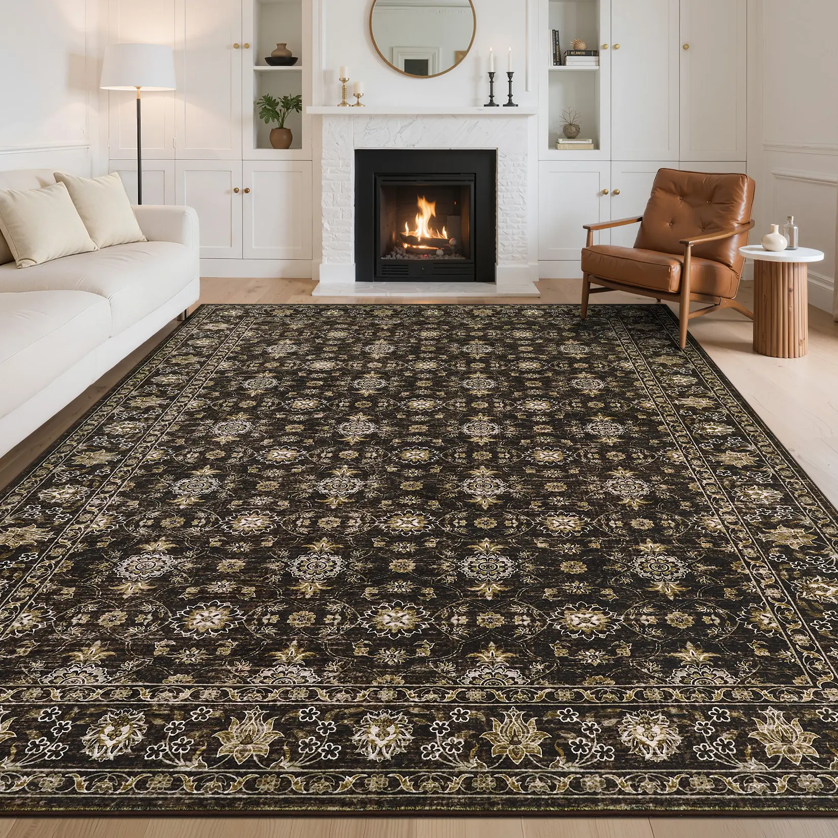 Washable Floral Area Rug for Living Room Non Slip Low Pile Large Rug for Bedroom Vintage Traditional Stain Resistant Distressed Carpet Dining Room Office Playroom Retro Accent Floor Cover