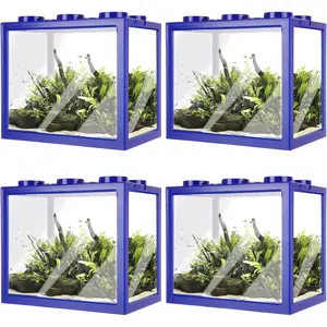 4PCS 0.6 Gallon Stackable Plastic Small Betta Cube Fish Aquarium Tank for Shrimp Turtle Small Crab Blue