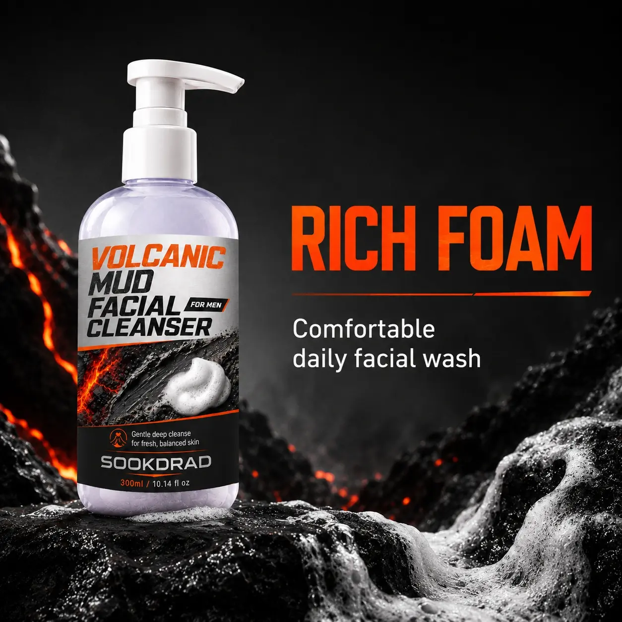Volcanic Mud Facial Cleanser, volcanic mud, gentle deep cleanse, face, men, 10.14 fl oz, fresh balanced skin, 300ml