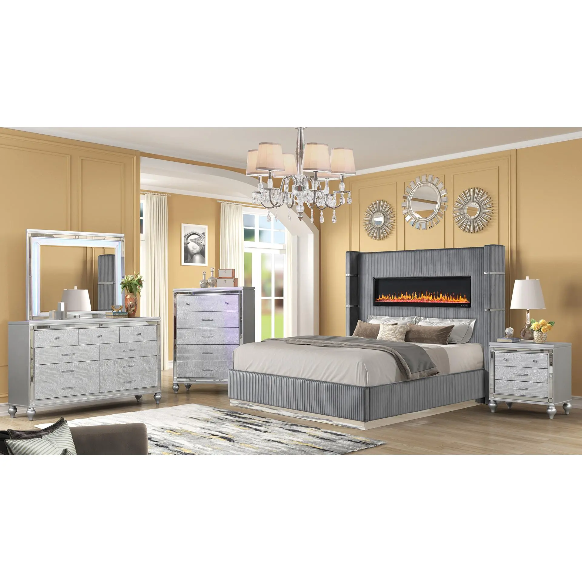 ARCH Queen Size 5-Piece Bedroom Set with Upholstered Velvet Bed, Built-In Lighting, Dresser, Mirror, Nightstand & Chest, Solid Wood & MDF, Gray Finish, Modern Style, Box Spring Required, Assembly Needed, Queen Size Options, Gray Color Options