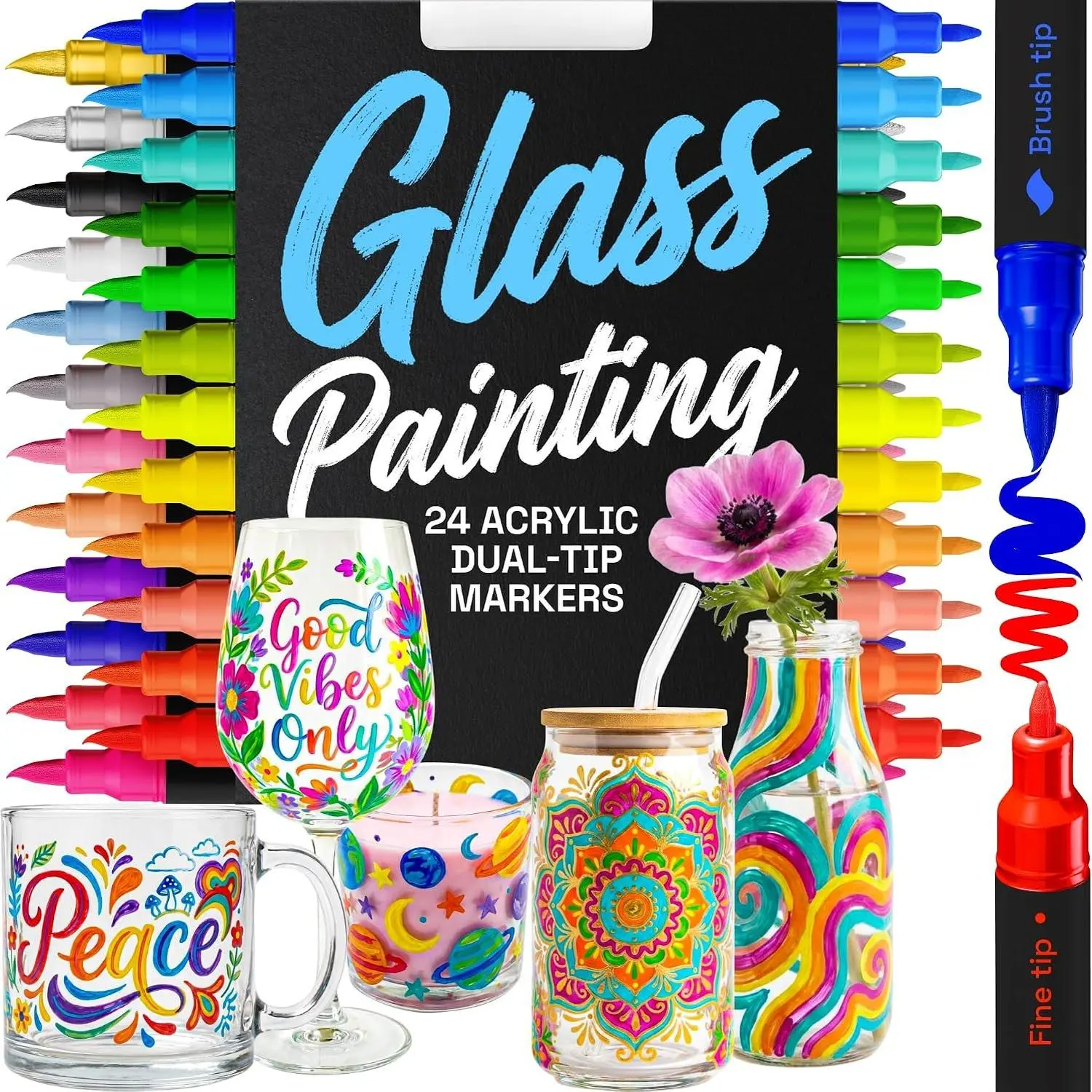 24 Glass   Marker Pens - Glass Painting Kit |  Pens for Windows, Mirrors, Glass and Ceramic -  for  Glasses, Mugs, Parties, DIY Crafts and Decor
