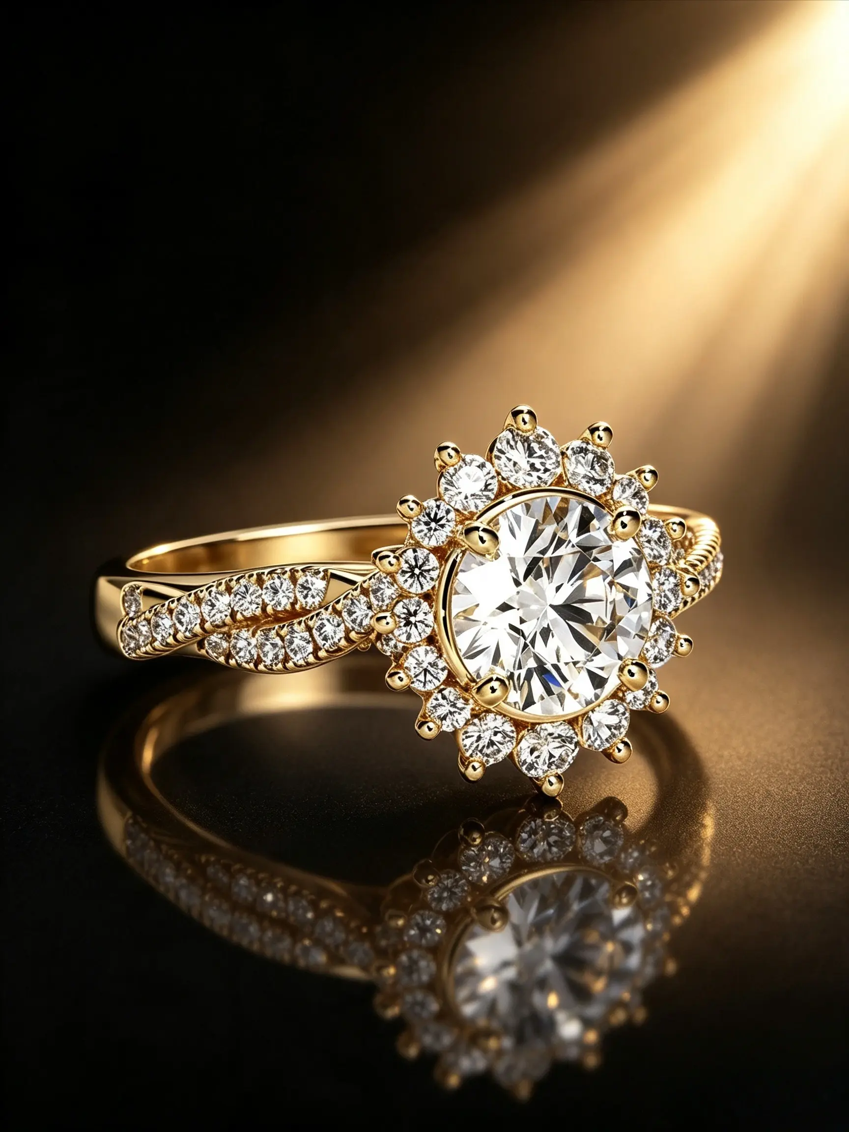 gold plated sunflower halo engagement ring, round cut cubic zirconia bridal ring, split shank pave crystal wedding ring, women banquet accessories, photoshoot decor, valentine birthday anniversary gift