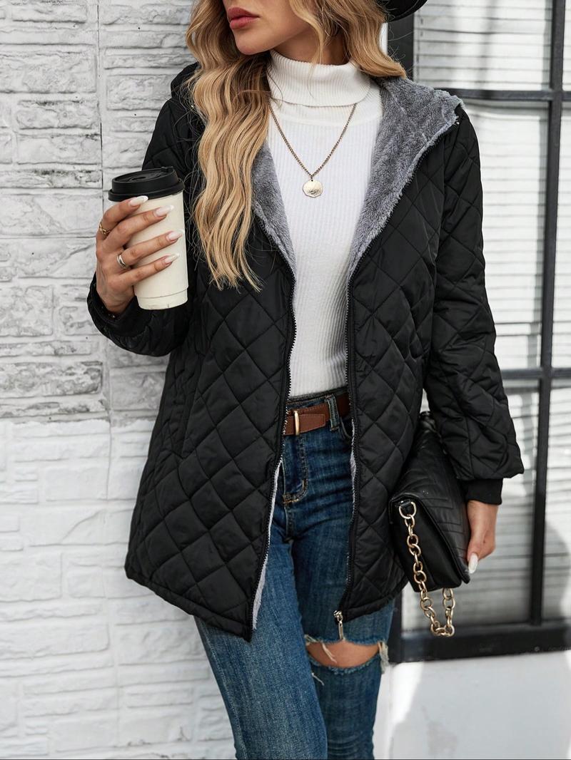 Women's Solid Zipper Quilted Hooded Jacket, Casual Long Sleeve Pocket Design Thermal Lined Outerwear for Fall & Winter, Women's Clothing for Daily Wear