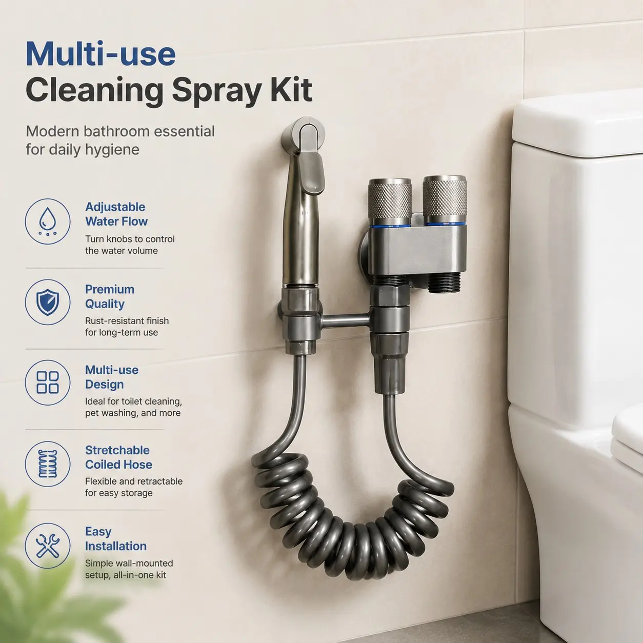 High-Pressure Toilet Spray Gun Kit, Dual Control Angle Valve, Extendable Hose, Bathroom Cleaning Sprayer, Women's Hygiene, Pet Bathing