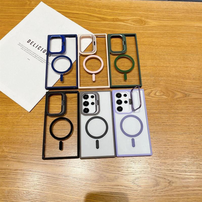 [Free !ship] for Samsung Galaxy S25 S24 Ultra S23 S22 Plus for MagSafe magnetic wireless charging clear case Shockproof bumper hard transparent back cover silicone frame, invisible folding camera bracket stand shell