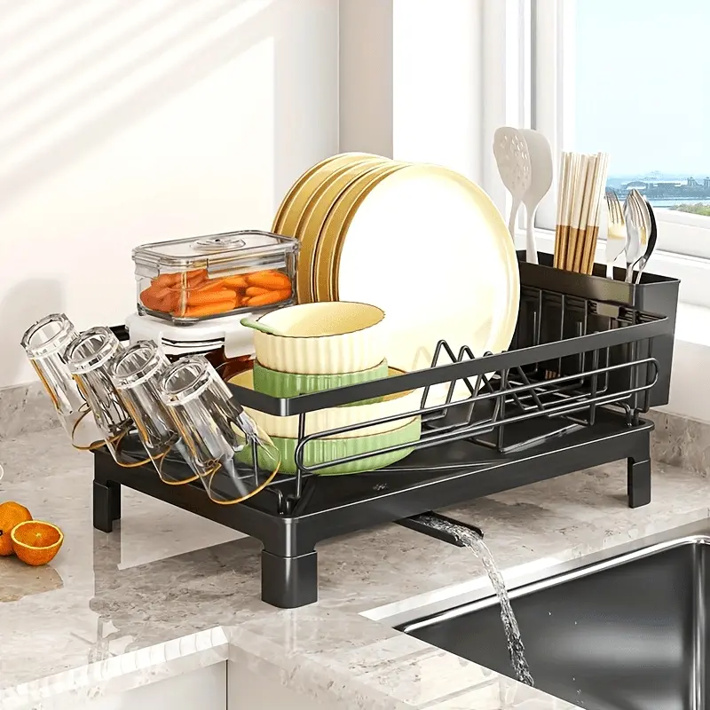 1 Set Black Kitchen Sink Drainer Rack Detachable Utensil Holder with Drainboard Countertop Dish Drying Organizer