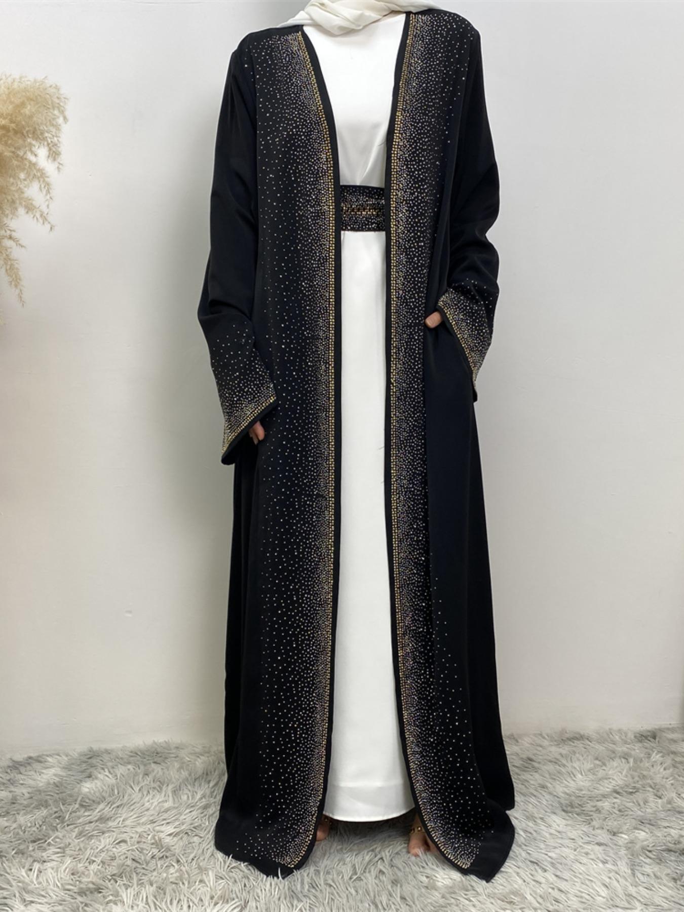 Women's Glitter Rhinestone Embellished Belted, Long Sleeve Open Front Abayas for Eid, Women's Islamic Clothing for Spring & Fall Women's Glitter Rhinestone Embellished Belted, Long Sleeve Open Front Abayas for Eid, Women's Islamic Clothing for Spring & Fall