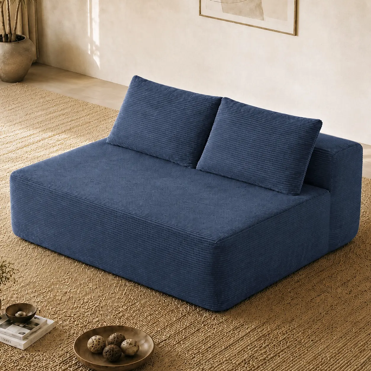 ARCH 58 Inch 2 Seat Sofa Couch with Cup Holder Plush Blue Velvet Fabric Living Room Furniture Double Chaise Lounge No Assembly Required Spring Padding Corduroy Style, Blue Color Options, Fabric/Foam+Spring Material, 2 Seat Seat Count