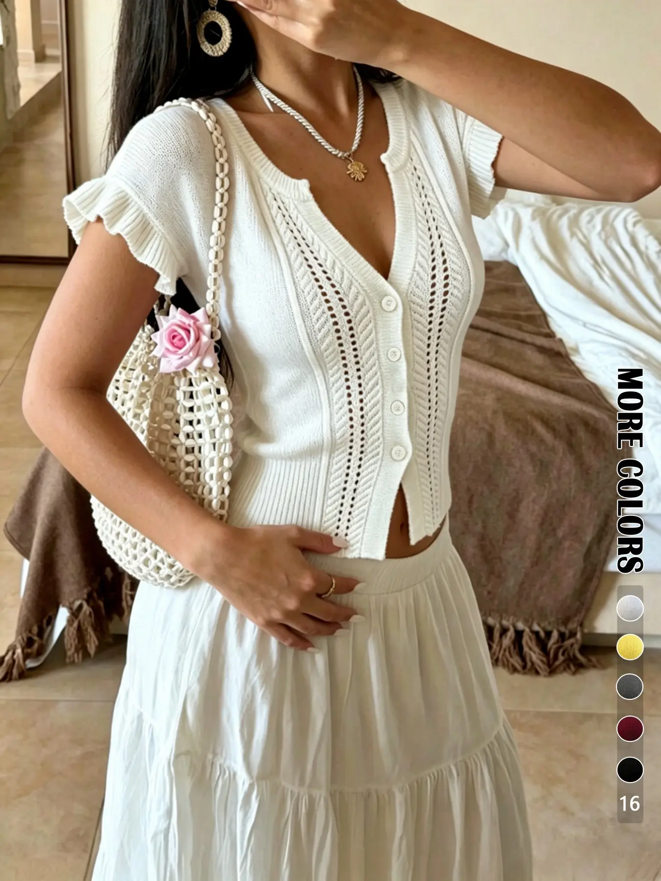 Boho Style Chic Women's Knitwear Short Sleeve Knit Cardigan, Ruffled Sleeves and Button Details, Medium Stretch Short Design, Fall Outerwear