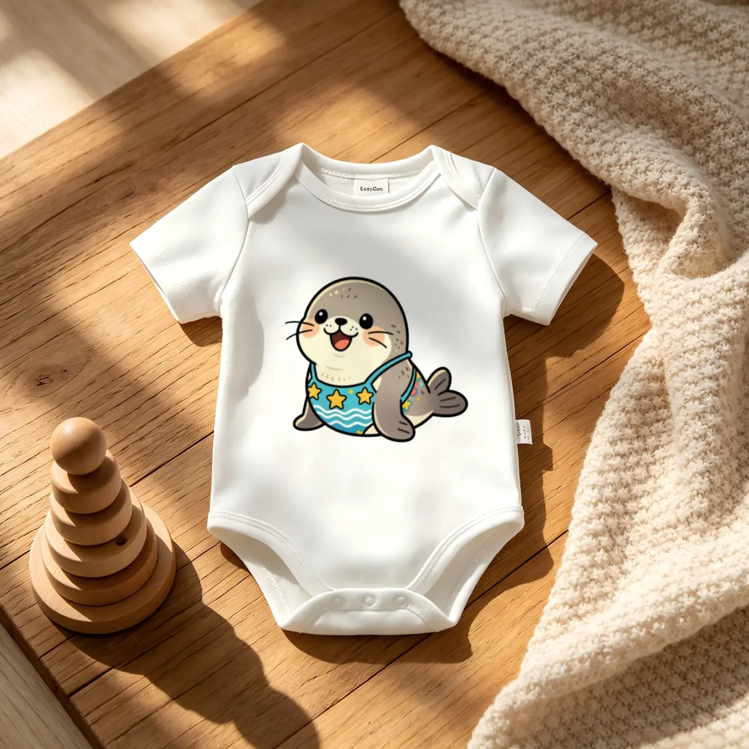 Minimalist Cute Seal Print Newborn Baby Bodysuit - Soft Cotton Short-Sleeve Unisex Summer Onesie with Snap Closure, 0-2 Years Newborn Baby Stuff, Ideal for Shower Gifts
