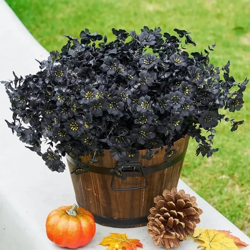 Fake Black Artificial Flowers, Outdoor Waterproof Faux Silk Plants, Dark Gothic Floral Arrangement for Halloween Party, Window Box, Front Porch, Farmhouse Decor