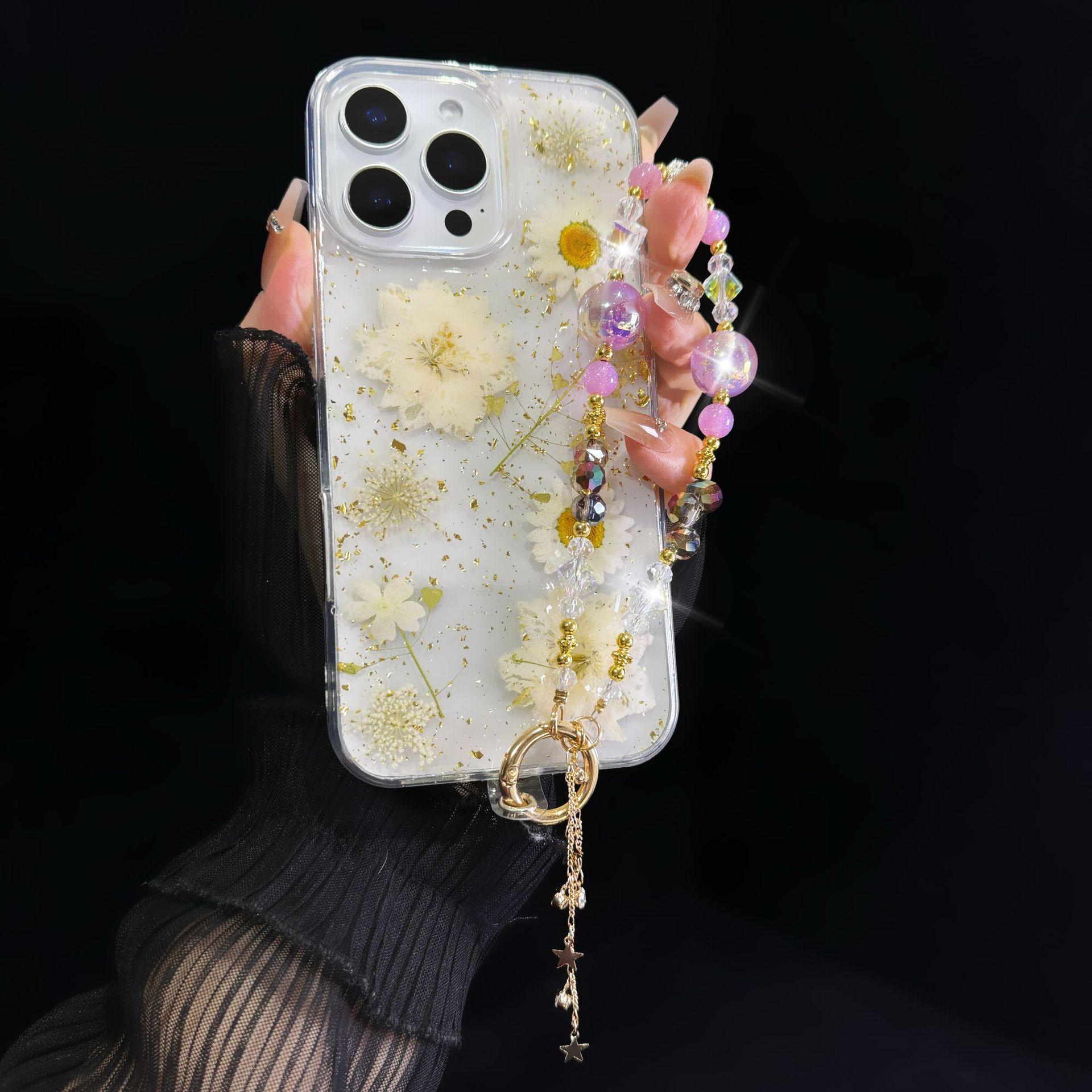 For Light Luxury Crystal Mobile Phone Chain Beaded Short Wrist Chain Fashion Butterfly Pendant Gold Leaf Hand-Made Lanyard