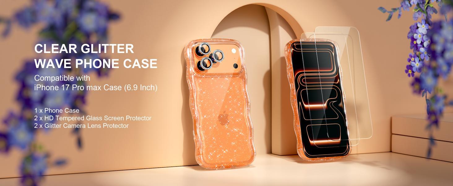 Choiche Compatible for iPhone 17 Pro Max Case, Women Cute Sparkly Phone Case, Curly Wavy Frame Cover [3 x Diamond Camera Lens Protectors] [2 x Tempered Glass Screen Protectors] 6.9" (Glitter Clear)