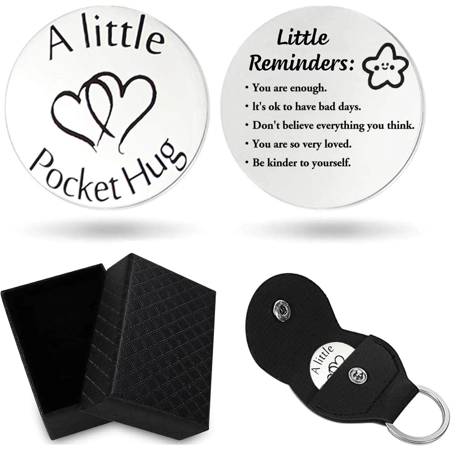 2-Set Handheld Unisex Casual PU Leather Pocket Hug Round Token Keychain - Durable Double-Sided Stainless Steel Inspirational Reminder with Heart Sentences, Always with You, Gift Box Included - Unique Gift for Friends, Birthday Occasion