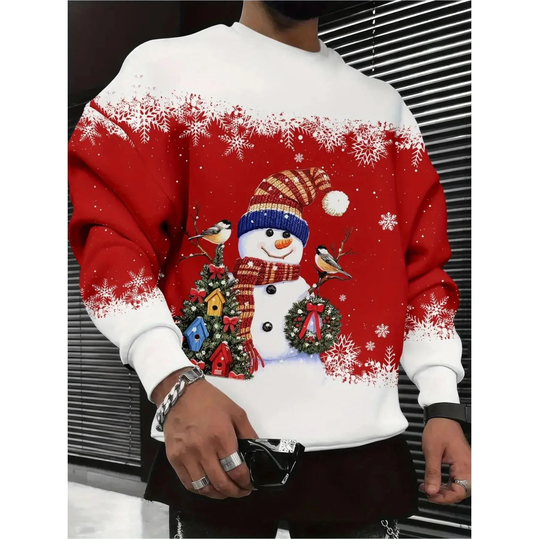 Men's Santa Claus 3D printed casual long-sleeve pullover crewneck sweatshirt, Y2K style top, autumn men's clothing