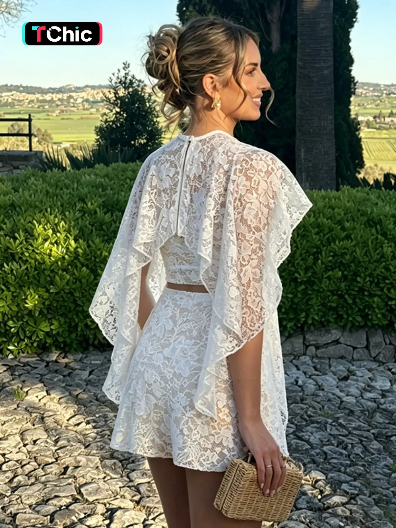 Women's Spring Summer Three-Piece Set Outfit, Lace Ruched Shawl + Bra Top + Mini Skirt, Slim Fit Fashionable Elegant Matching Layered Design