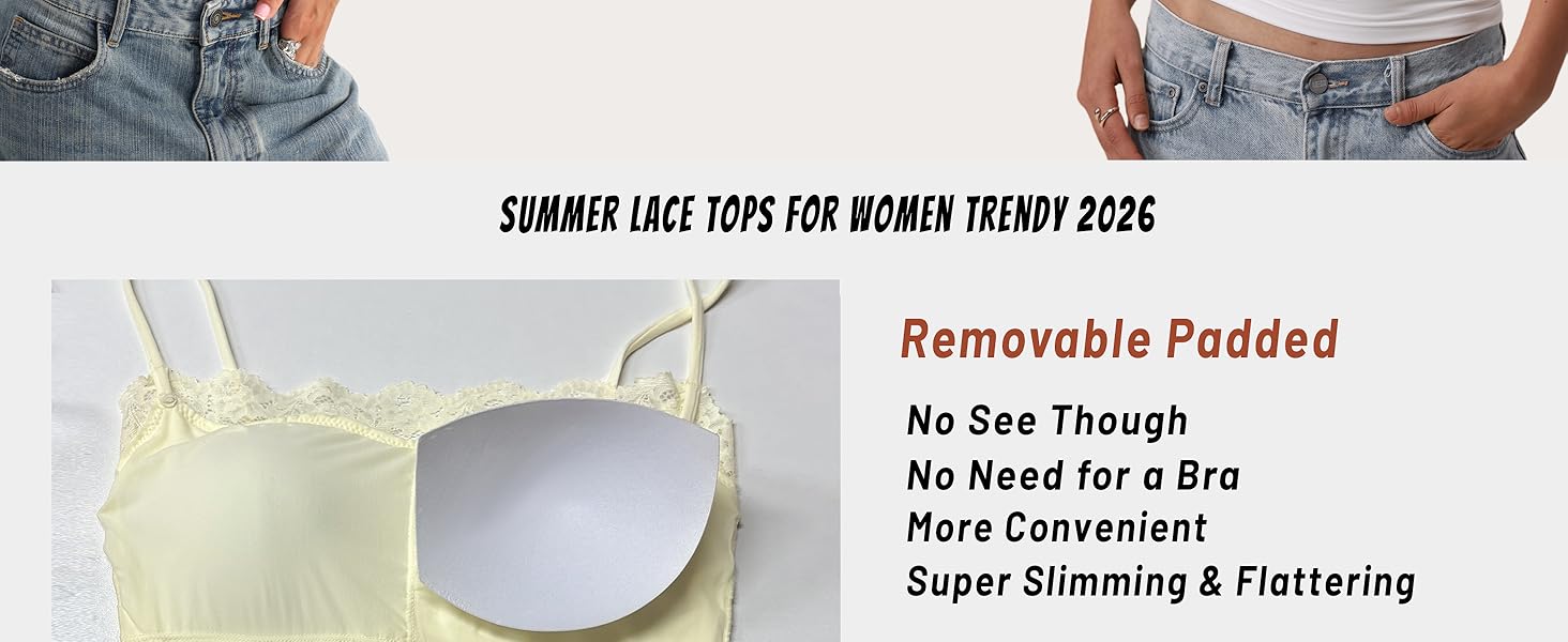 Padded Lace Cami Top Double Lined Sexy Tank Top Spaghetti Strap Club Party Shirt