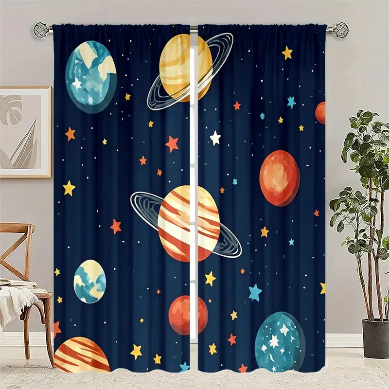 2pc, installed using pocket rod method, digital cartoon planet space printed curtains, Window Curtain, suitable for living room, closet, children's room, study, dining room, and home decoration.