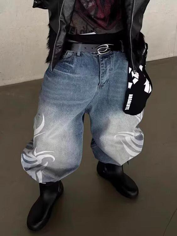 Men's Blade Totem Print Jeans, American Vintage Washed Distressed Denim, Loose Straight Wide-Leg Pants, Floor-Length Trousers