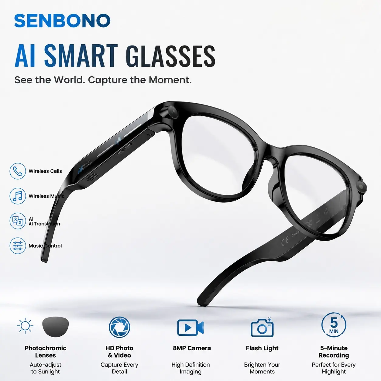 SENBONO AI Smart Glasses with 8MP HD Camera, AI Voice Assistant, Translation & Object Recognition, Bluetooth Calling and Music, 39g Lightweight Wear,Smart Eyewear