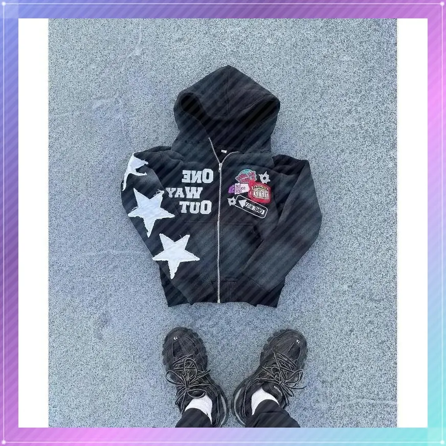 Trendy font embroidery, oversized zipper hoodie, men's hip-hop style sportswear, women's clothing