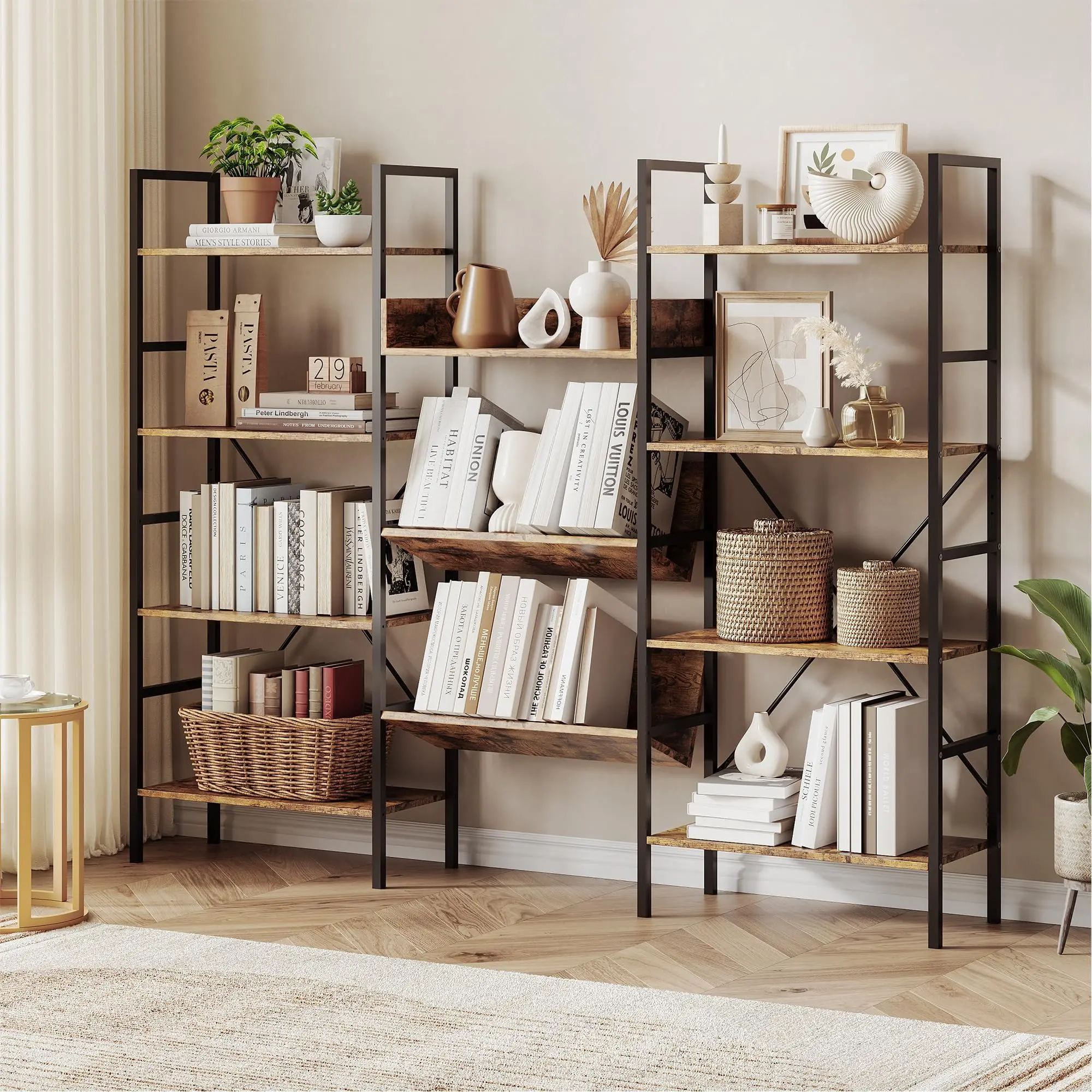 Garvee Industrial-Style Large Triple-Column 5-Tier Bookshelf with 13 Display Shelves