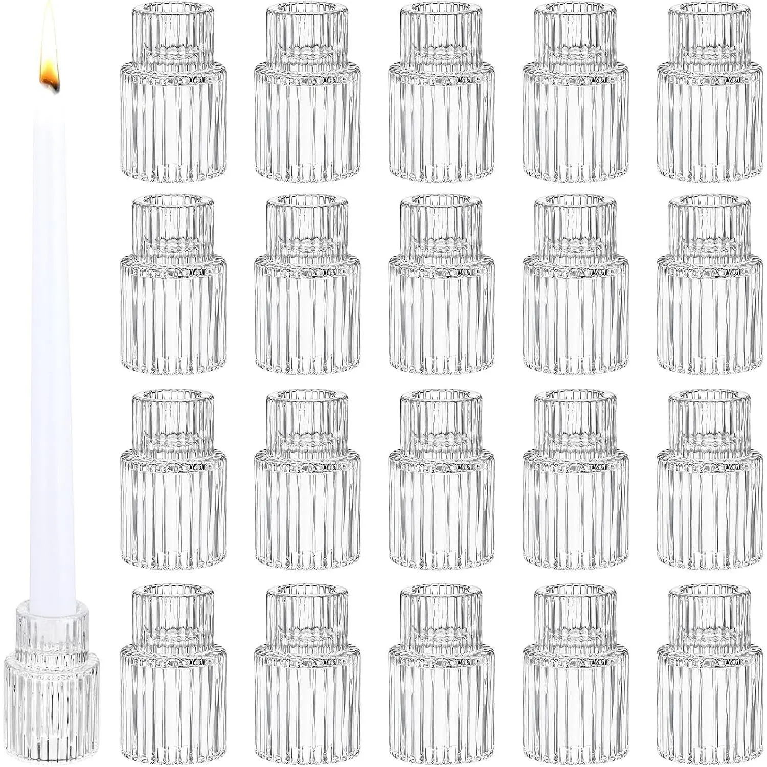 48 PCS Glass Taper Candle Holders Bulk Crystal Candlestick Holders Clear Ribbed Tapered Candle Stick Holder Decor Set for Table Centerpiece Wedding Party Advent Christmas Home Decoration (48, Clear)