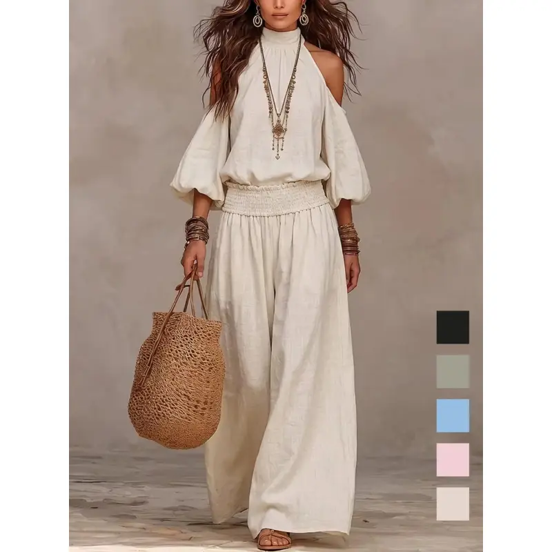 Female Chic 2-Piece Casual Sports Set - European Style Linen Halter Neck Shoulder-Reveal Top, All-Seasons High Waist Loose Wide Leg Pants, Machine Washable Solid Bohemian Vacation Outfit