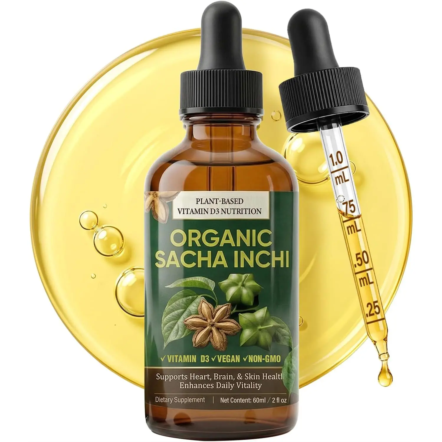 Sacha Inchi Oil Drops, Organic Sacha Inchi Oil Rich in Vitamin D3, for Joint Dryness Skin & Daily Wellness, Pressed Virgin Inca Nut Oil, 2 fl oz