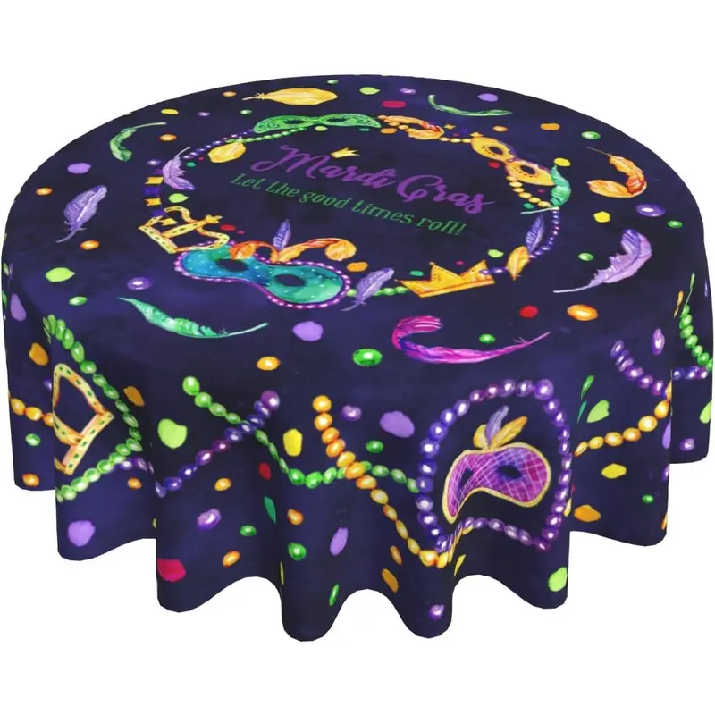 Mardi Gras Round Tablecloth 60 Inch Masquerade Party Mask Beaded Feather Carnival Decorative Table Cloth Farmhouse for Holiday Parties Dining Table Living Room Kitchen Decor