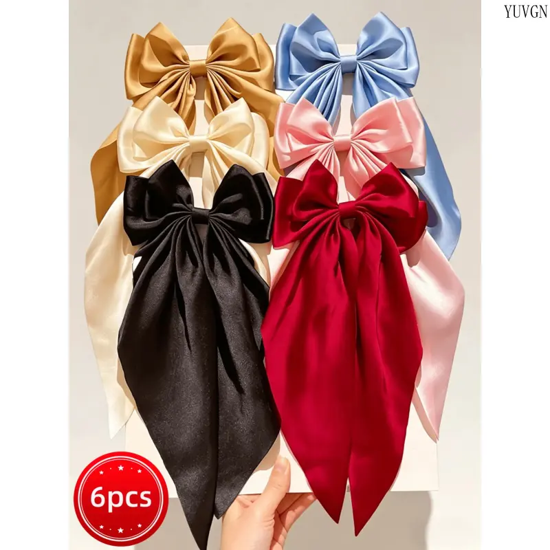 6Pcs Smooth Satin Big Bow Hair Clip, Silky Long Tail Bow Barrette, Ponytail Hair Bow, Trendy Fashion Hair Accessories for Women, Perfect for Daily Hairstyles, Parties, Dating, Wedding Occasions and Romantic Outfit Styling