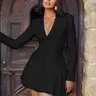 Women's Solid Deep V-Neck Pleated A-Line Dress, Elegant Formal Style Chic Workwear Button Front Buttoned Dress Long Sleeve Short Dress for Spring & Fall, Women's Clothing for Daily Wear, Womenswear, Formal Dresses