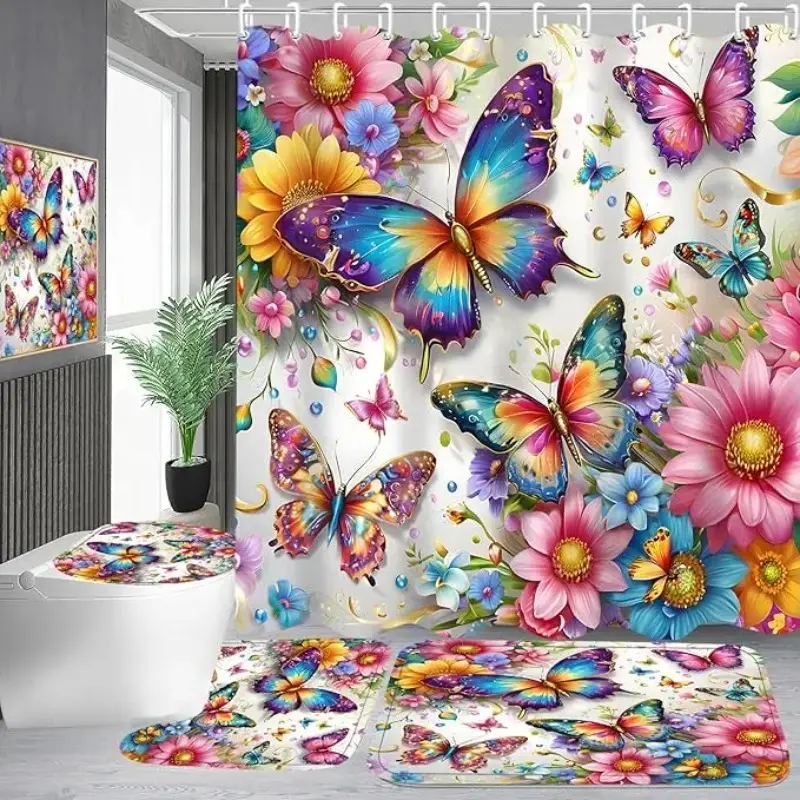 Colorful Butterfly Bathroom 4 Piece Set Polyester Shower Curtain Bath Mat Contour Rug Toilet Lid Cover Vibrant Design for Lively Aesthetic