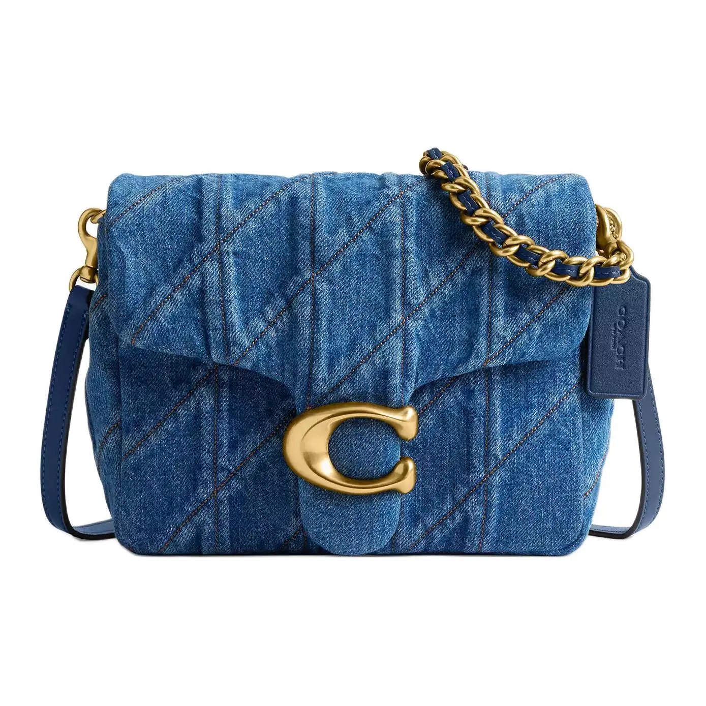 COACH Tabby 20 Times Square Quilted Logo Denim Crossbody Bag for Women in Brass and Dark Blue