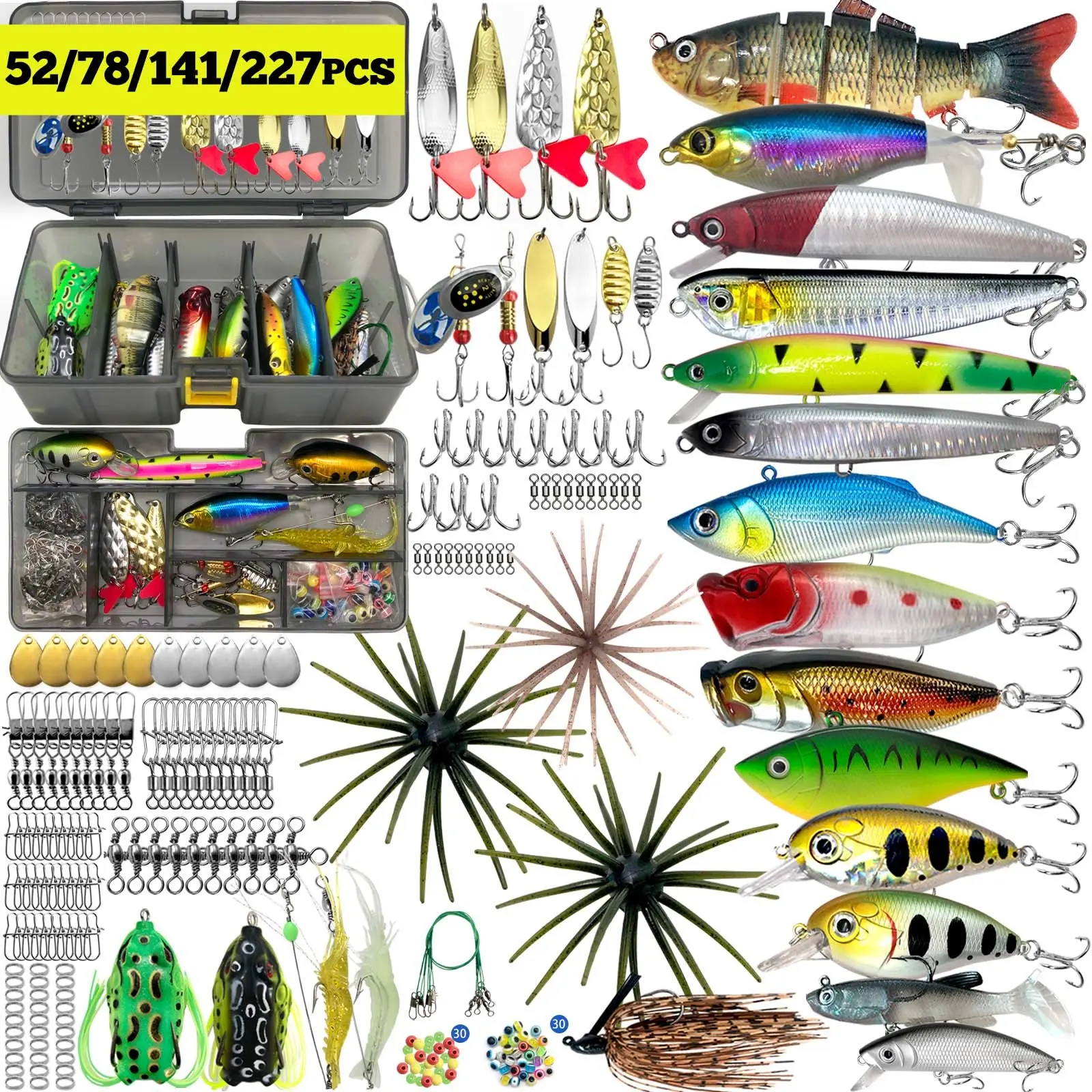 52/78/141/227 pcs Lure Fake Bait Set with Storage Box, Various Fishing Baits and Accessories, Fishing Tackle, Perfect Gift for Fishermen