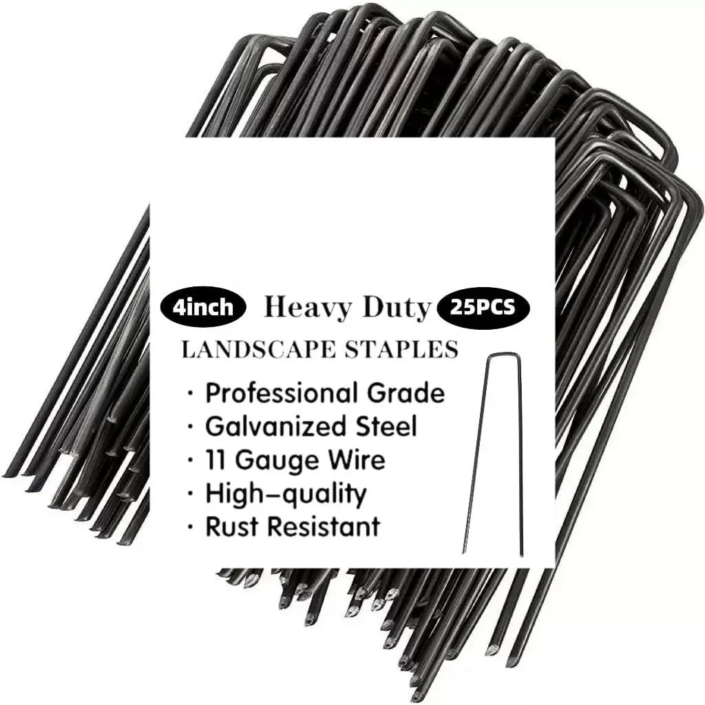 4 inch 25 Pack Black Galvanized Landscape  11 Gauge Garden Stakes Pins Anti-Rust Ground Stakes U-Shaped Tent Stakes are  for Weed Barrier, Irrigation Tubing, Yard Lawn, Landscape Fabric