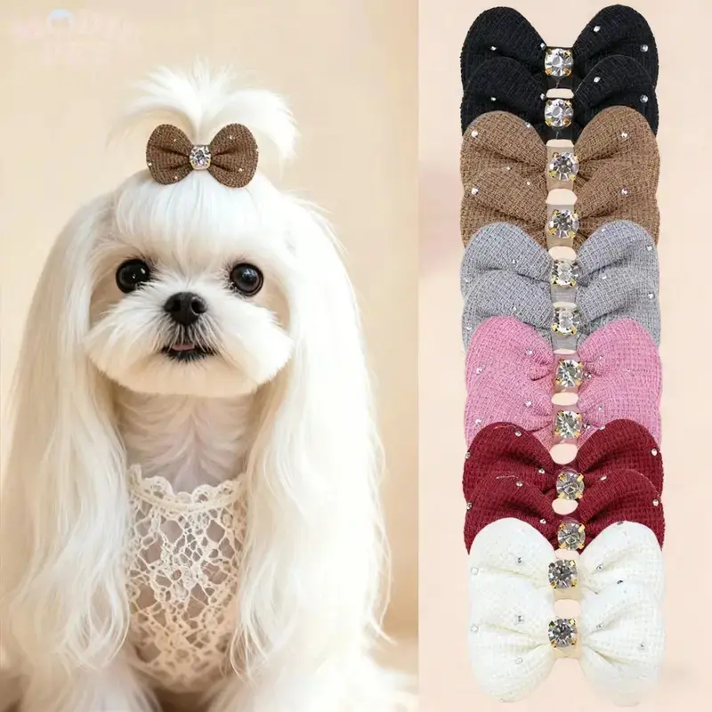 12PCS Handmade Luxury Black Crystal Dog Hair Bows with Metal Clips, Pet Hair Accessories for Small Dogs