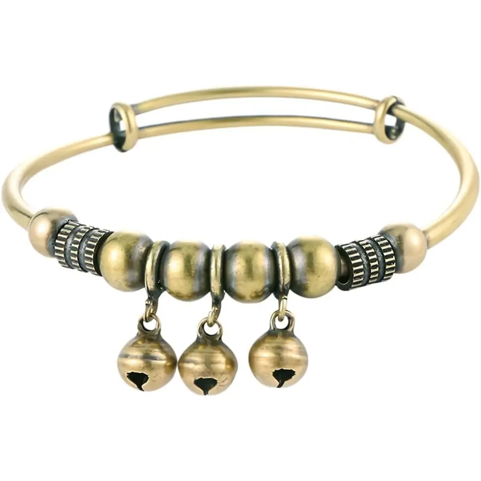 Bracelet for Women, Bronze Adjustable Bangle, Retro Ethnic  Bracelet Tribal Brass Style Wristband Dangling Jingle Bells Boho Statement Festival Hand Accessory