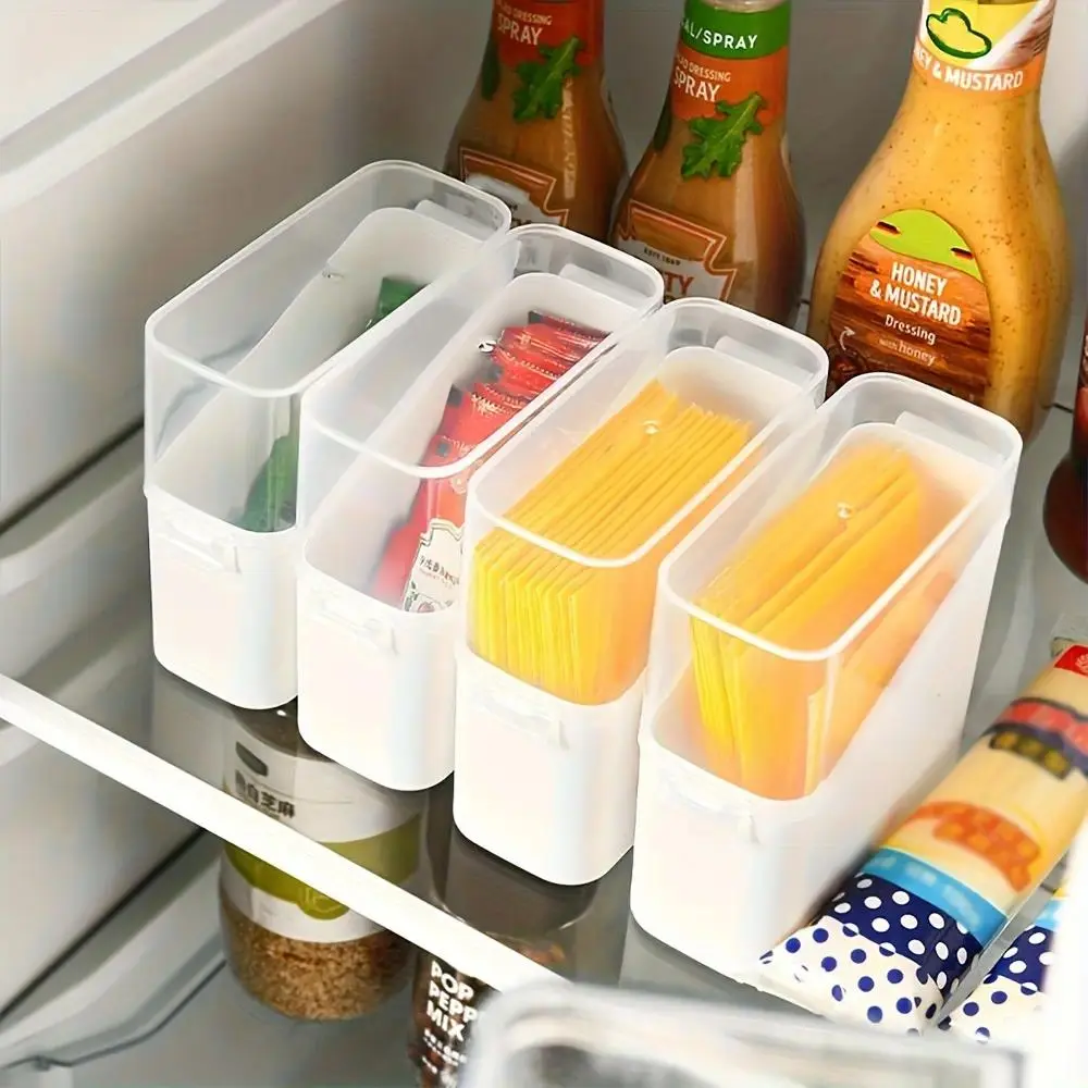 4-Piece Sliced Cheese Container - Narrow Space-Saving Organizer Bin with Slanted Opening, Fridge Use for Small Condiment Packets, Salad Dressing Packets, Tea Bags, Slim, Narrow Size