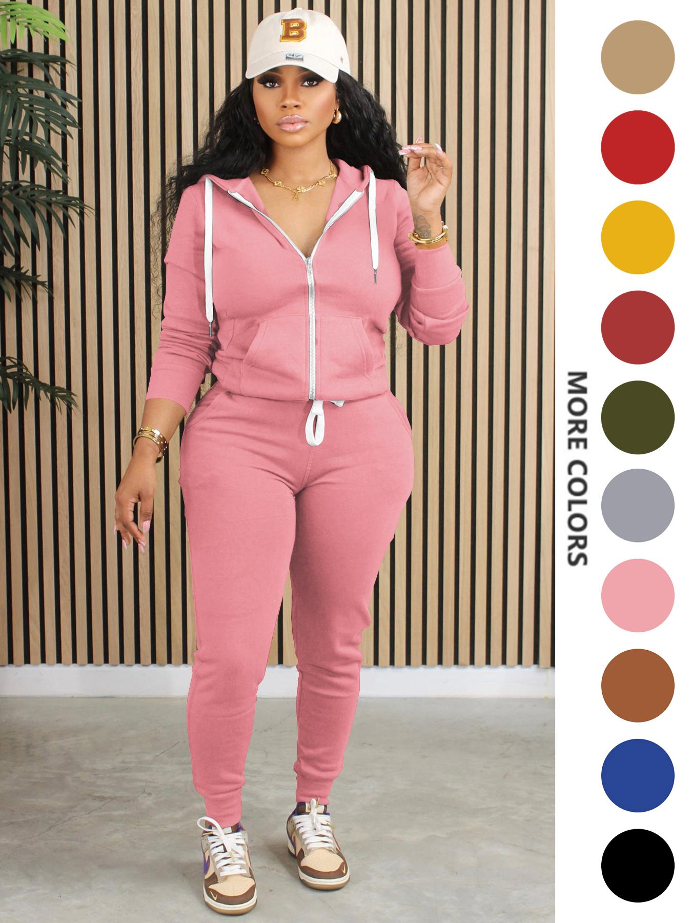 Two-Piece Set Women's Solid Zip Up Fitted Hoodie & Drawstring Waist Pants, Casual Long Sleeve Hooded Sweatshirt & Pocket Trousers for Spring & Fall, Women's Clothes for Daily Wear, Casual Fashion Set
