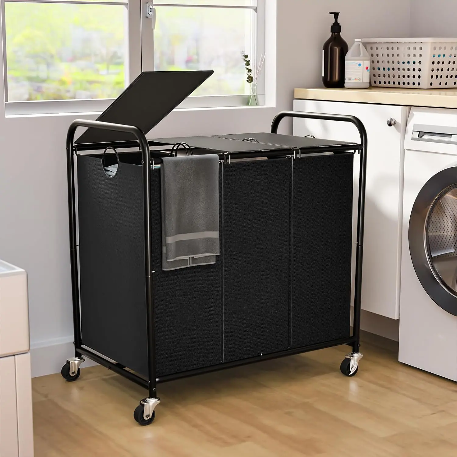 180L (.55 Gal) Laundry Sorter 3 Section, Rolling Laundry Basket with Lockable Wheels and Lid, Laundry Hamper with 3 Separated Removable Bags Dirty Clothes Hamper for Laundry Room Organizer, Black