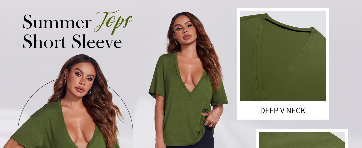 Womens Sexy Deep V Neck T Shirt Short Sleeve Tops Basic Tees Casual Loose Shirts