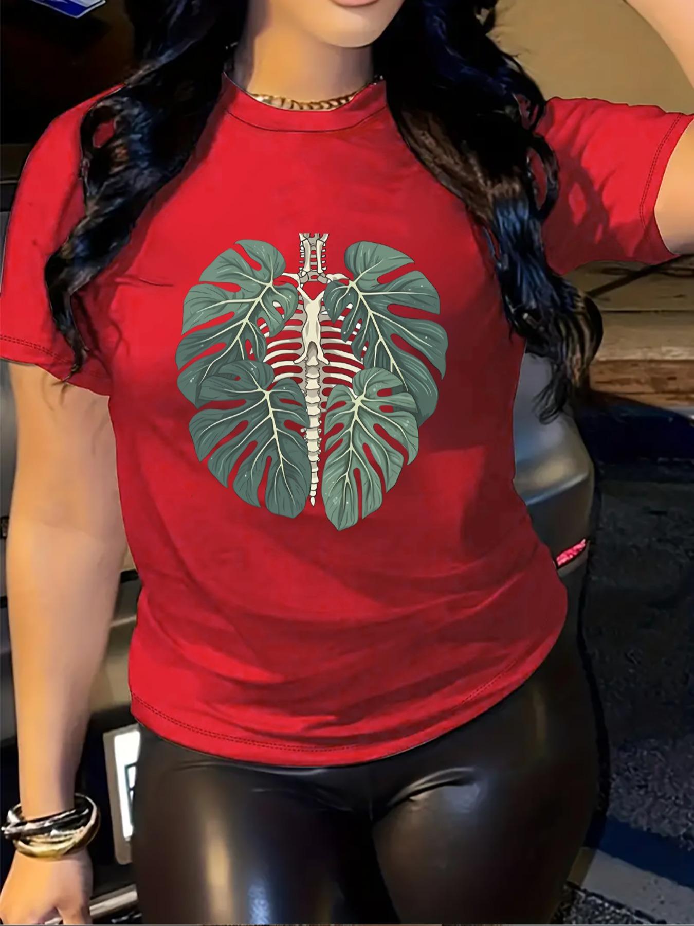 Women's Leaf Print Round Neck Graphic Tee, Vintage Trendy Bohemian Chic Casual Drop Shoulder Short Sleeve T-shirt for Daily Wear, Ladies Summer Clothes, Streetwear Tshirt, Tops