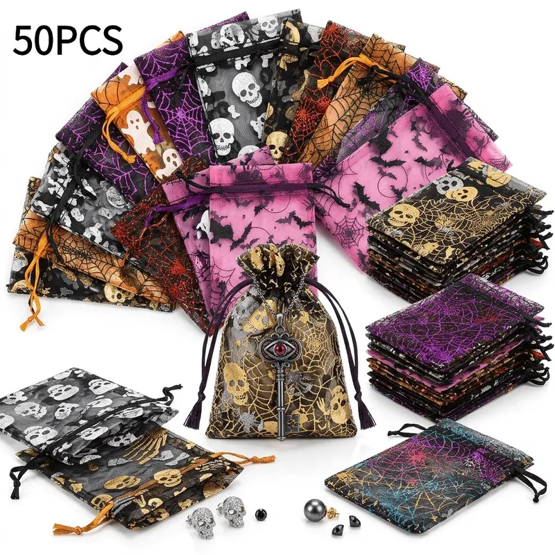50 Pcs Mixed Color Halloween Organza Drawstring Gift Bags, Clear Candy Pouches with Foil Spider Web, Ghost, Skull & Bat Prints, Lightweight Durable Treat Bags for Holiday Parties, Classroom, Home, Shop & Gift Table Decor