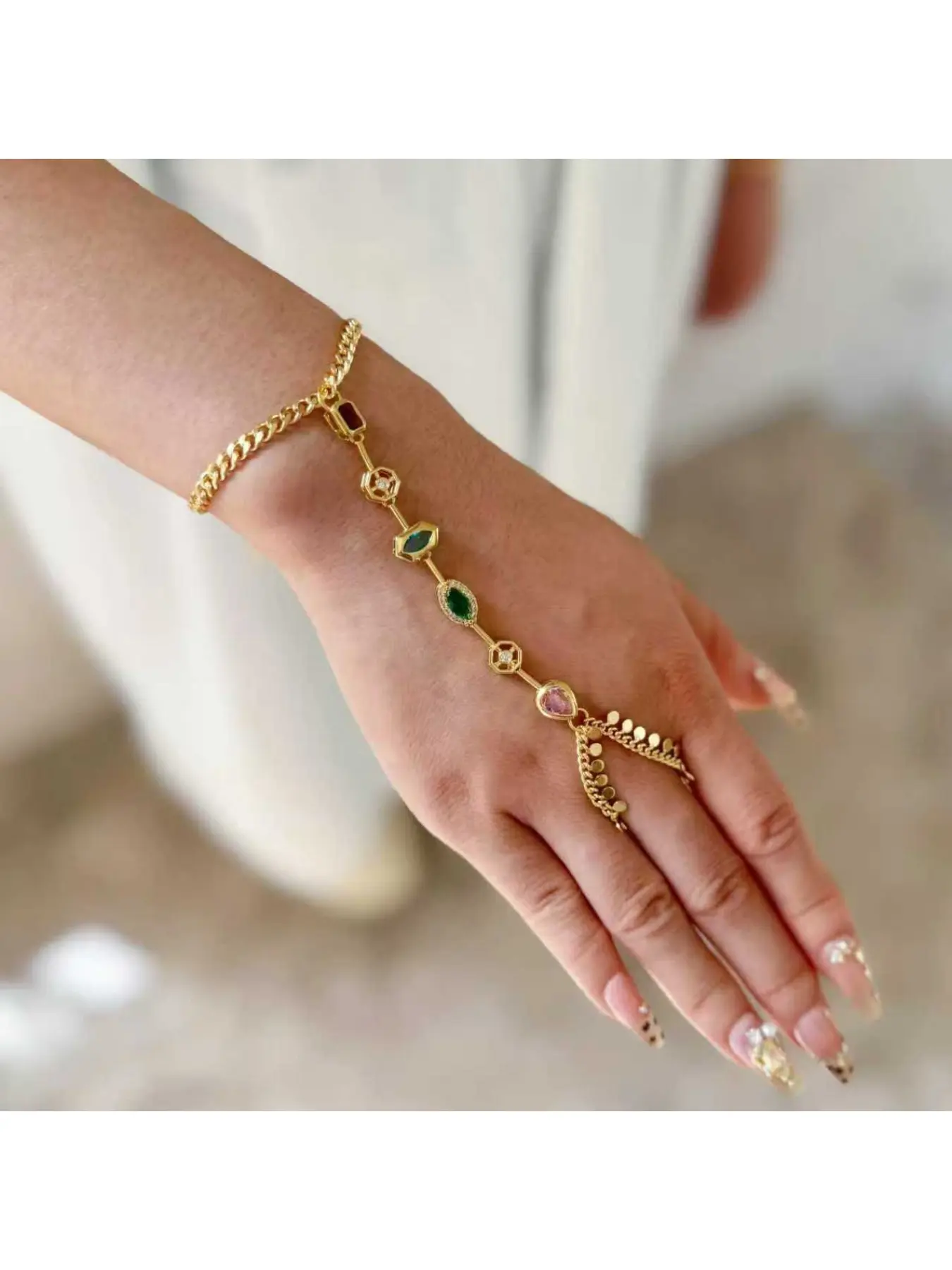 Vintage Multicolor Gemstone Curb Chain Slave Bracelet for Women, Gold Tone Colorful Crystal Linked Finger Hand Chain, Boho Ethnic Retro Hand Harness Bracelet, Boho Style Bracelet for Party Festival Vacation Jewelry Gift