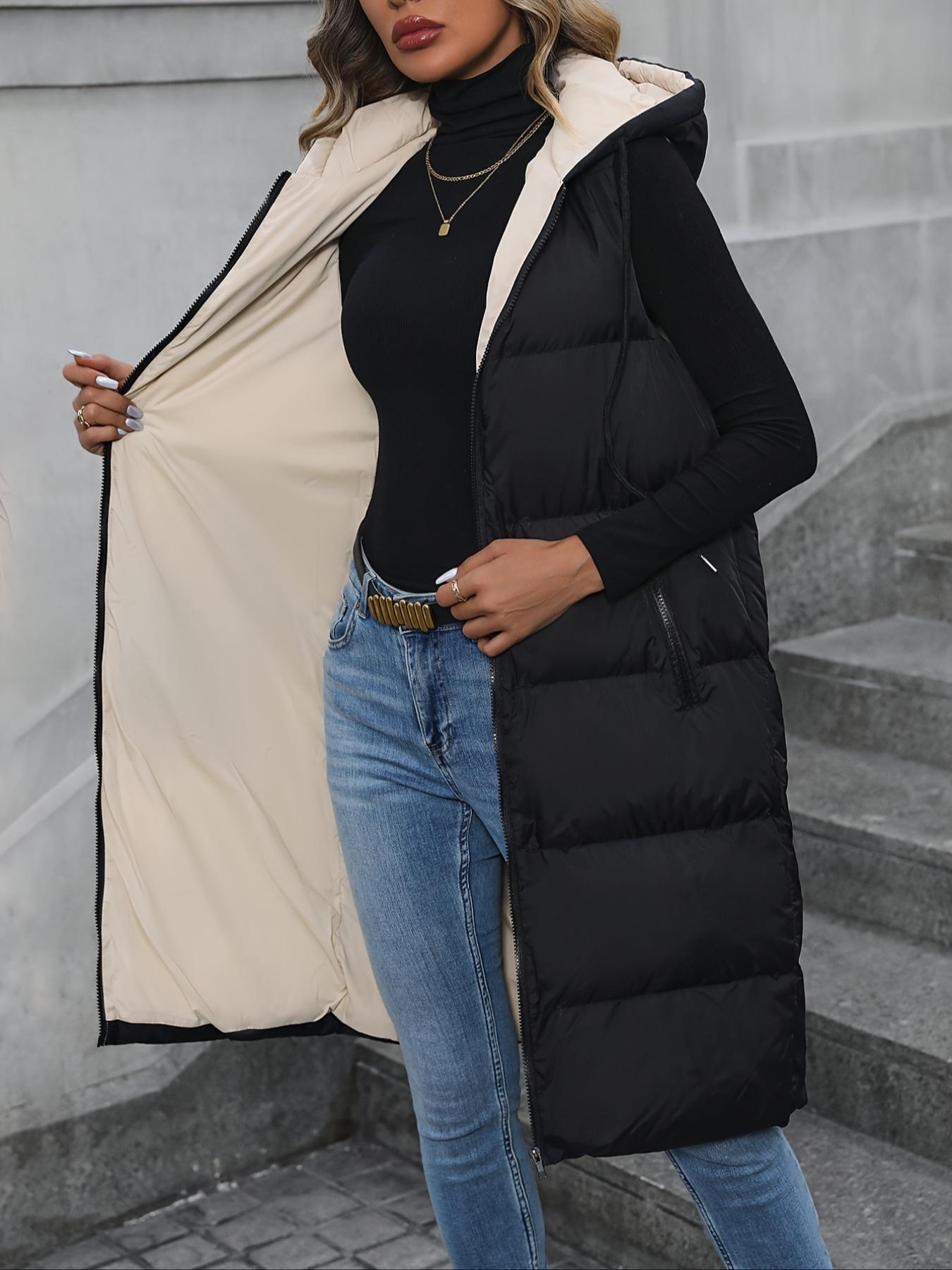 Women's Woven Solid Pocket Zip Up Drawstring Hooded Vest Winter Coat, Casual Fashionable Loose Sleeveless Thick Warm Coat for Daily Outdoor Wear, Women Clothing for Fall & Winter, Womenswear