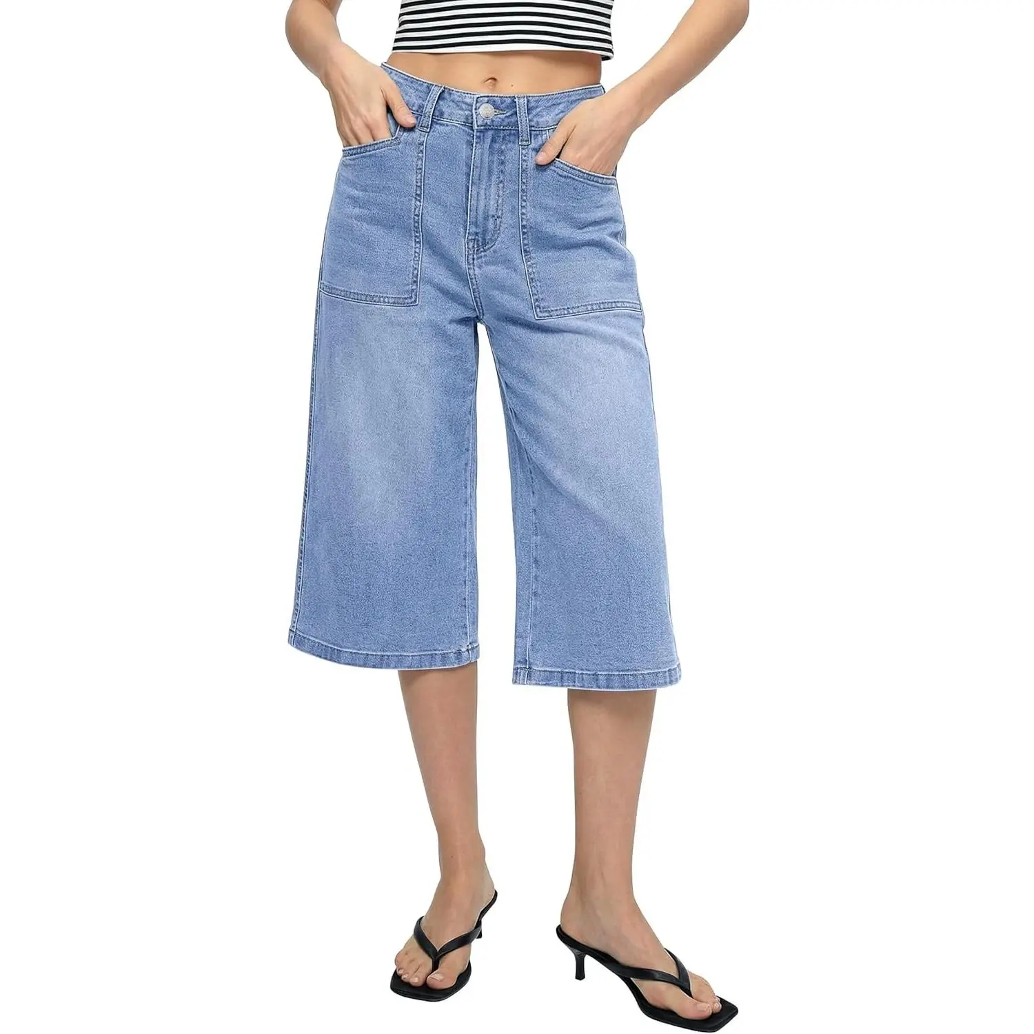 Capri Jeans for Women Wide Leg Trendy High Waisted Casual Summer Stretchy Denim Culottes Capri Pants with PocketGift, Chic, Cardigan, Style