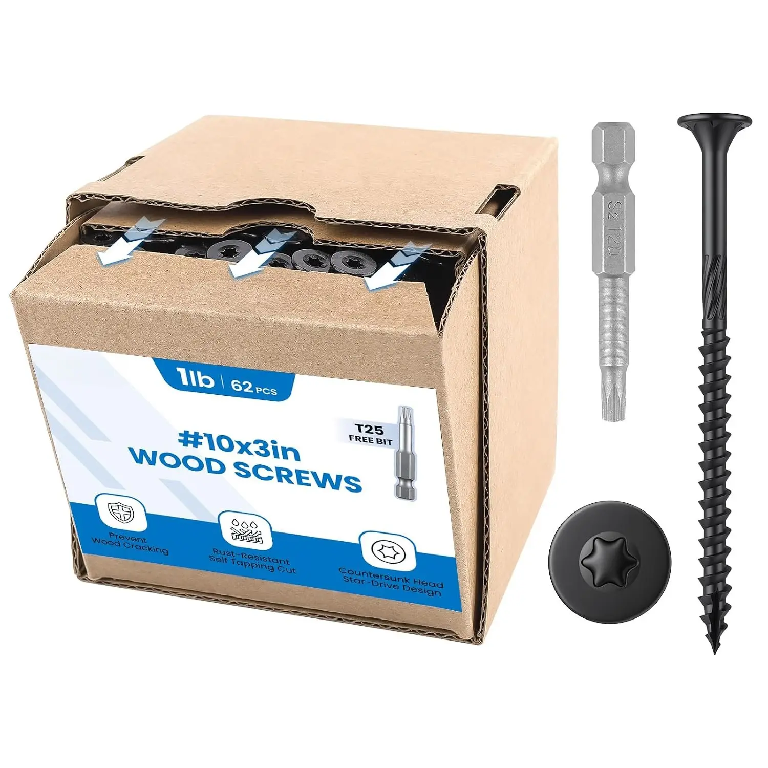 #10 x3 Deck Screws, 1LB  Drive  Screws, 62 count Rust Resistant Timber Screws for Timber/Log/Landscaping , T25  Bit Included, Black